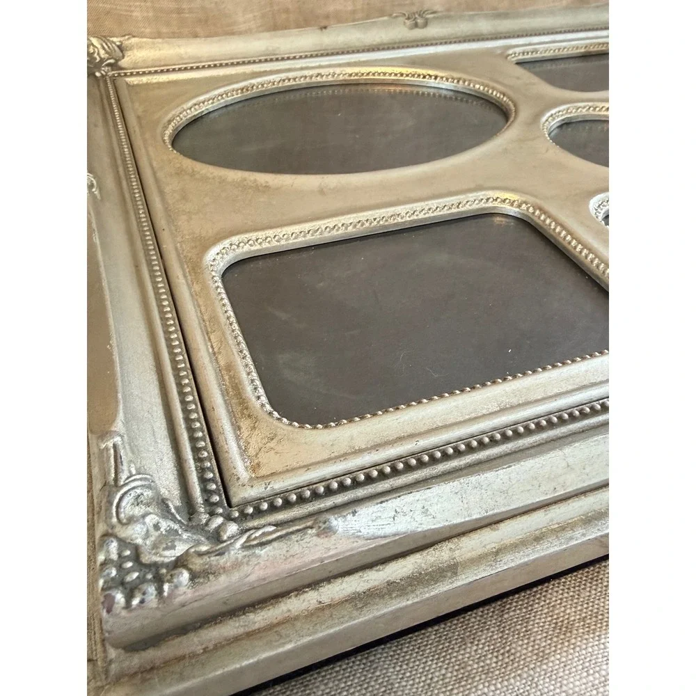 Vintage Silver 7 Opening Collage Picture Frame, Ornate Tabletop Frame